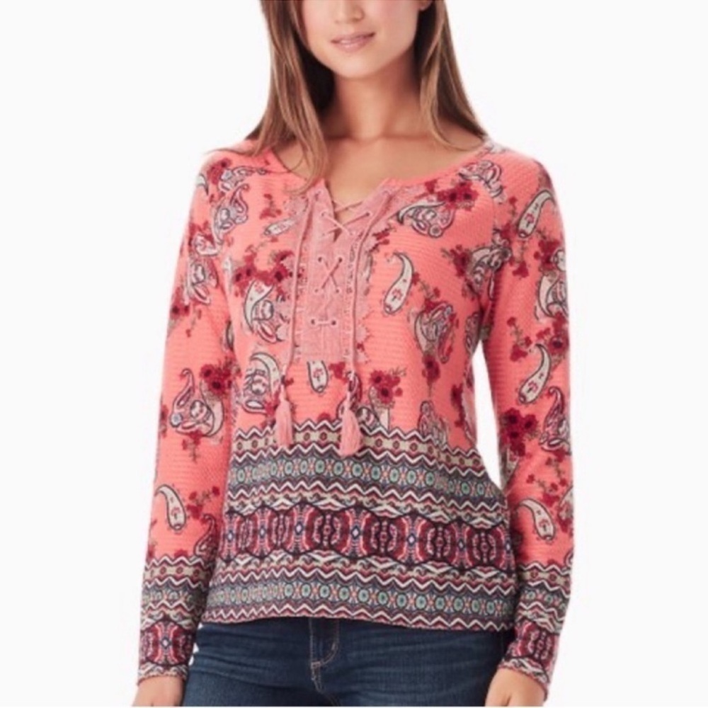 Vintage America Lara Porcelain Rose Paisley Lace-Up Long Sleeve Top